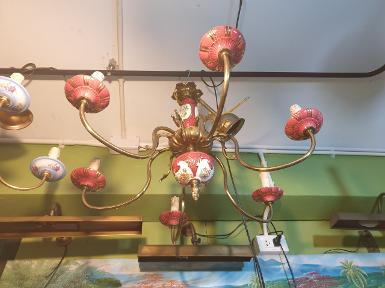 Antique Lamp brass with ceramic red color Item Code ATT64R size wide 67 cm L 80 cm.